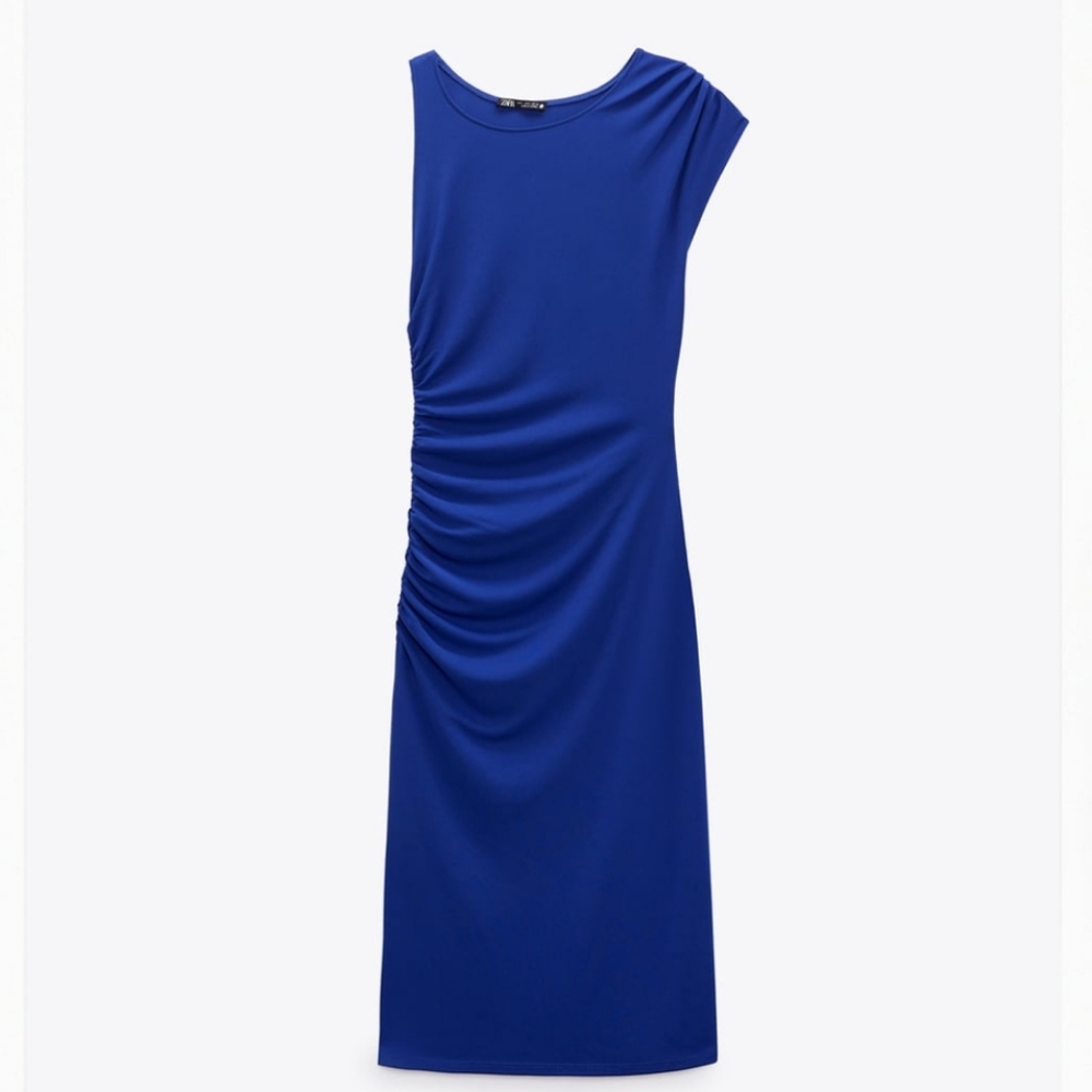 Zara Draped Midi Dress Blue 👗 L Large NWT